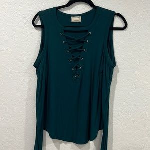 Teal ribbed, off the shoulder, lace up top